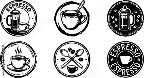 Black and white coffee cup and french press espresso badges vector art
