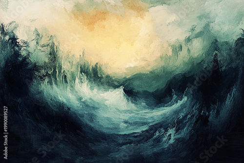 Painterly Coastal Landscape with Mountains and Turquoise Sea