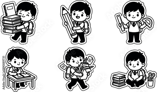 Black and white schoolboy holding books pencils and ruler vector art set