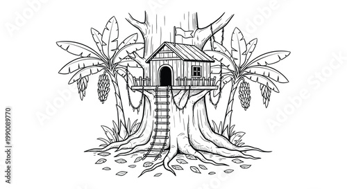 Treehouse, tree house, fantasy home, wooden dwelling, illustration, black and white
