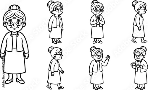 Line art set of elderly woman with glasses various poses and gestures