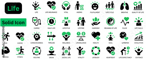 Solid vector of Life icon set. Life solid icon set. Life cycle icon set. Lifespan, human development, aging process, generation, childhood, graduation, career and retirement. 