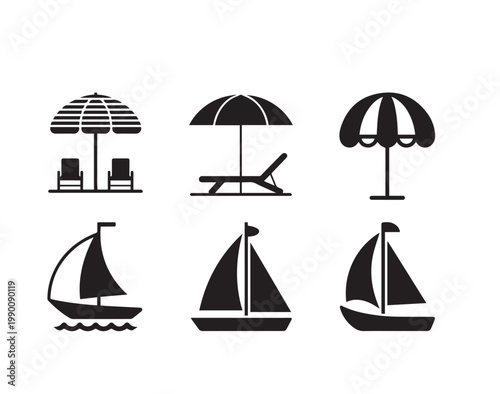 A collection of black silhouette icons depicting various summer beach and sailing elements
