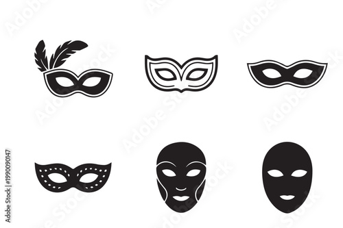 A collection of various black and white masquerade and full face masks icons on a white background