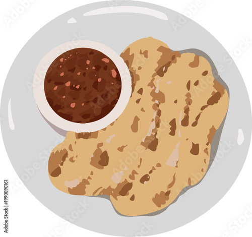 Roti Canai Flatbread with Curry Sauce, Traditional Malaysian Street Food, Top View Plate, Vector Illustration