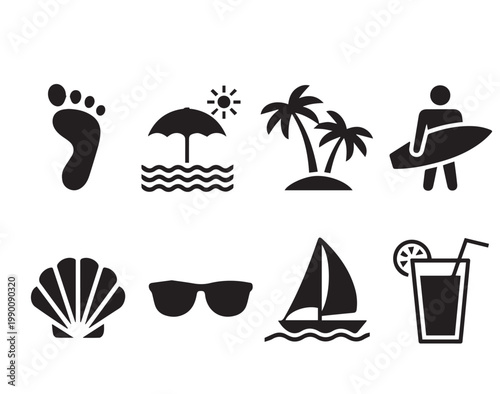 This collection features various summer and beach related black silhouette icons on a white background
