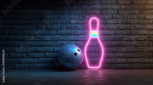 Neon sign of a bowling pin glowing with brick wall background in the dark.