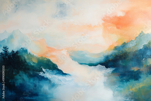 Painterly Coastal Landscape with Mountains and Turquoise Sea