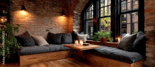 Cozy interior with brick wall, seating, candles, and window with street view