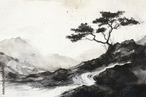 Painterly Coastal Landscape with Mountains and Turquoise Sea