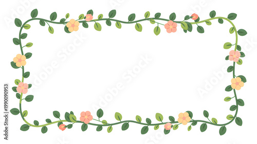 Vine border with green leaves and pink flowers on white background for decoration