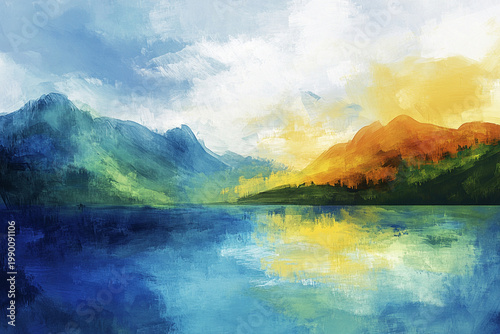 Painterly Coastal Landscape with Mountains and Turquoise Sea