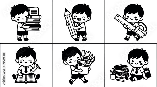 Black and white line art boy with school books pencil ruler and stationery items
