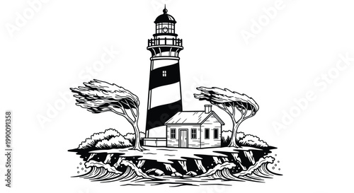 Lighthouse, striped tower, island landscape, black and white vector