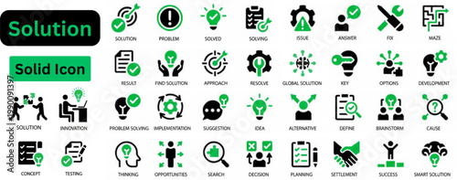 Solid vector of Solution  icon set. Solution solid icon set. Problem Solving and Strategy icon set. Featuring Risk Analysis, Brainstorming, Creative Thinking, and Decision Making.