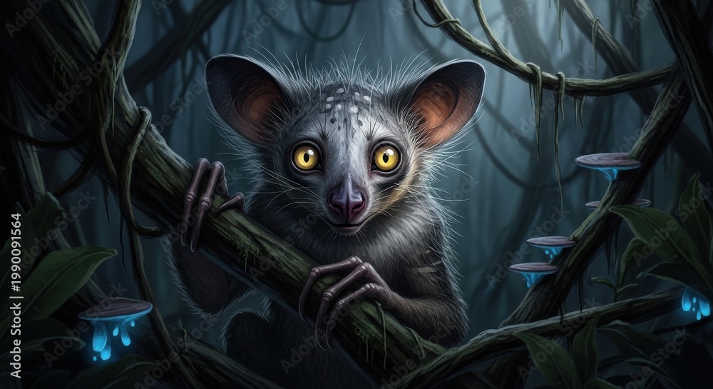 Fototapeta premium Mysterious Aye-Aye Primate Perched on Forest Branch