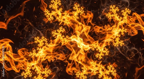 Mesmerizing abstract fire patterns illuminate a dark background with intricate fractal designs, creating a dynamic and visually striking display of intense energy and heat