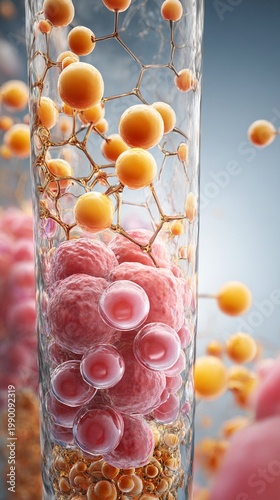Vibrant and detailed depiction of molecular structures, showcasing interactions among various cells and particles in a captivating microbiological environment.
