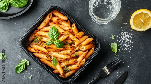 Delicious penne pasta in tomato sauce garnished with fresh basil leaves, served in a black container alongside lemon and water, ready for a quick meal.