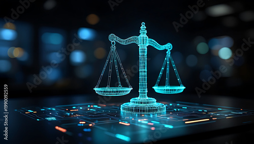 Glowing blue wireframe scales of justice on digital circuit board balance technology