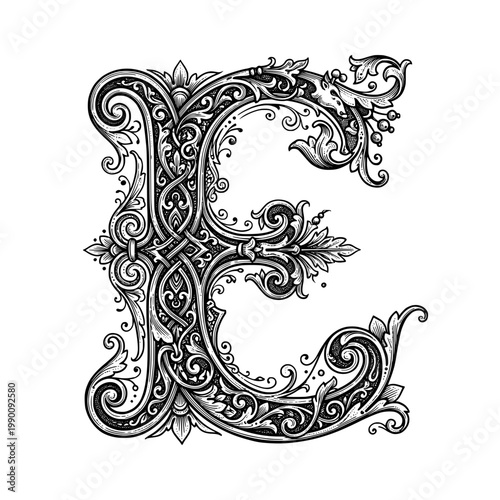 An ornate 11th century engraved ornamental alphabet letter E in black and white vector art