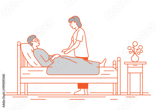 ベッドで介助を受ける高齢男性と介護士のシーン