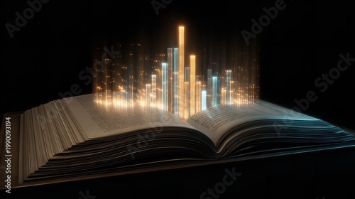 Open book with glowing data bars suggesting knowledge, learning, and business data analysis
