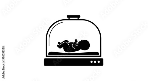 Black and White Icon of Baby in Incubator with Barcode