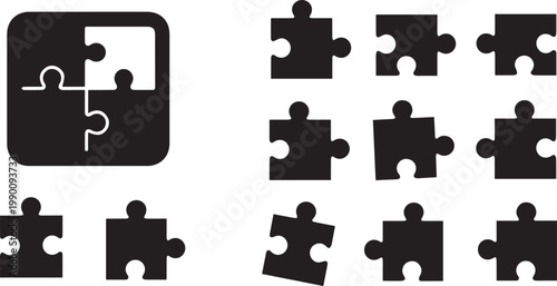 Jigsaw Puzzle Icons Pack Black Piece Symbols Collection for Problem Solving Logic Game and Teamwork Concept Vector Design