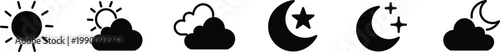 Minimalist weather icons set, black sun and moon vector symbols, 6 weather forecast elements for mobile app interface and web design