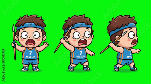 Cartoon Athlete Preparing to Throw Javelin with Intense Focus.