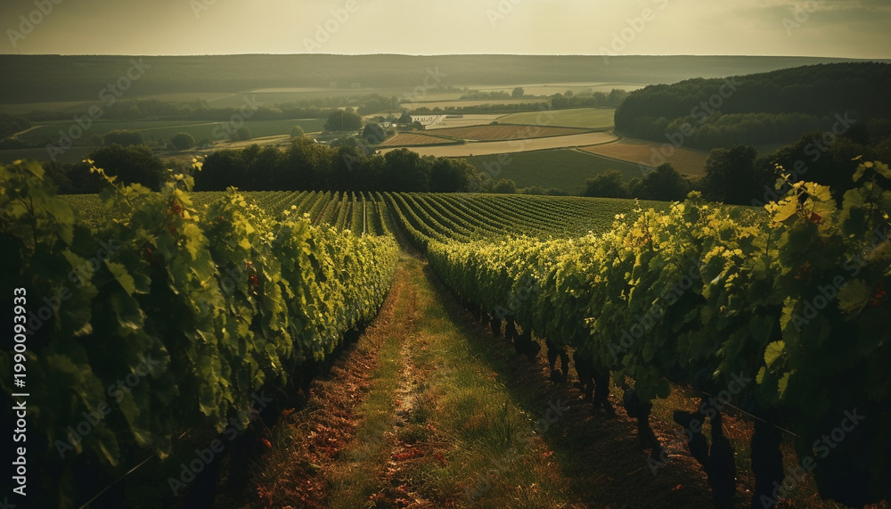 Fototapeta premium Ripe grapes in vineyard, ready for harvesting generated by AI