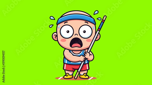 Cartoon Baby Athlete Preparing for Pole Vaulting Competition.