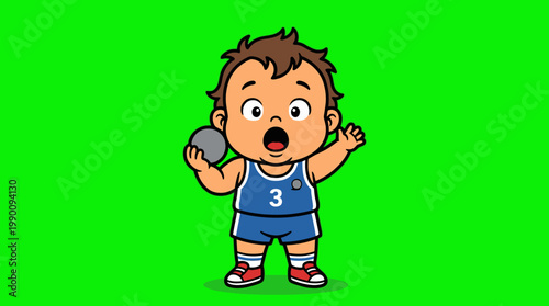 Cartoon baby athlete preparing to throw the shot put ball.