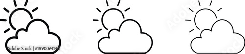 Minimalist weather icon set with sun and cloud symbols, black line art weather forecast vectors, three stroke weight variations for UI design