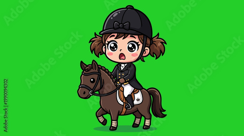 Adorable cartoon girl riding a brown pony with a black helmet.