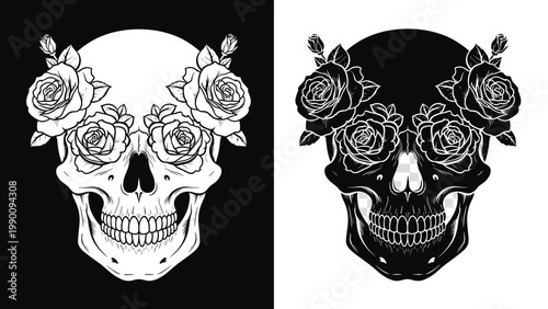 Striking monochrome illustration featuring human skulls adorned with intricate roses, presented in both white on black and black on white.