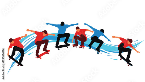 Energetic collection of skateboarder silhouettes performing various tricks and jumps, set against a dynamic blue wave background.