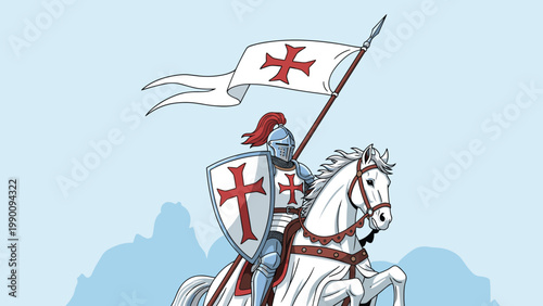 Valiant medieval knight in shining armor, riding a white horse and holding a flag with a prominent red Templar cross.