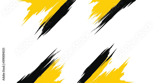 A vibrant abstract artwork featuring bold black and yellow brushstrokes on a white background
