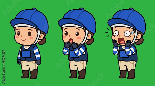 Adorable Cartoon Jockey in Various Emotional Expressions on Green Background.