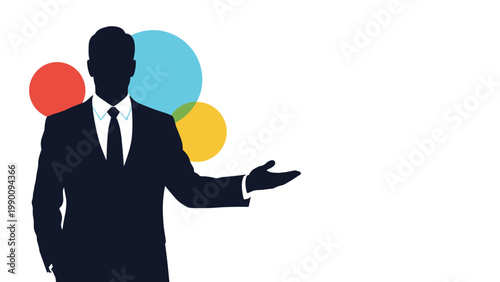 Confident silhouette of a businessman in a suit and tie, standing with an open hand gesture, suggesting presentation or introduction.