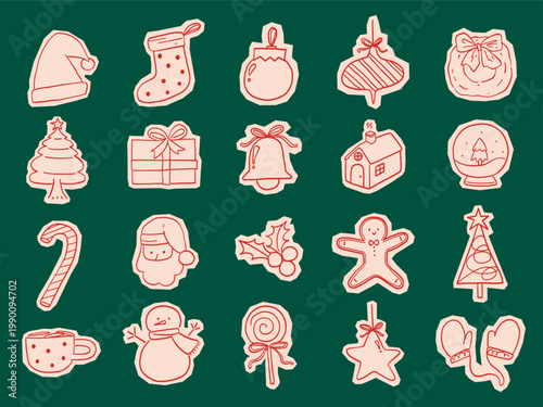 Christmas Doodle Sticker Set Hand Drawn Holiday Elements Cute Winter Illustration