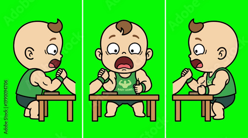 Arm Wrestling Baby Cartoon Illustration on a Green Background.