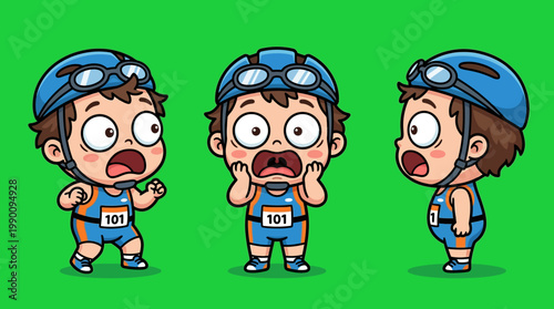 Cartoon Athlete in Triathlon Gear with Surprised Expression.