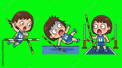 Cartoon Athlete Pole Vaulting with Expressions of Surprise and Fear.
