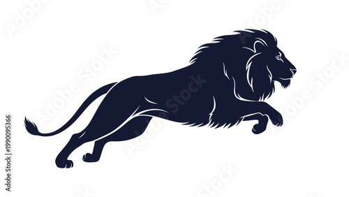 Powerful and majestic silhouette of a lion in a dynamic leaping or jumping pose, showcasing its strength and wild grace.