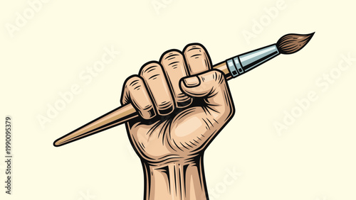 Creative vintage-style illustration of a hand firmly gripping a paintbrush, symbolizing artistry, creation, and the power of expression.