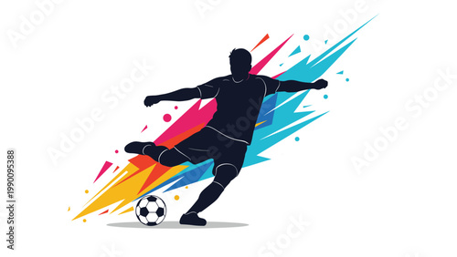 Dynamic silhouette of a soccer player powerfully kicking a football, set against a vibrant and colorful abstract background, conveying motion.