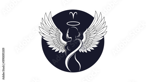 Beautiful and ethereal silhouette of an angelic woman with large wings and a halo, representing the celestial Aries zodiac sign.